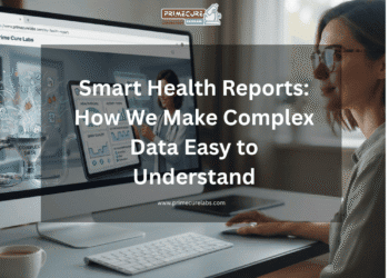 Person viewing a digital health report on a computer screen with medical charts and laboratory data, illustrating how smart health reports make complex medical information easy to understand.