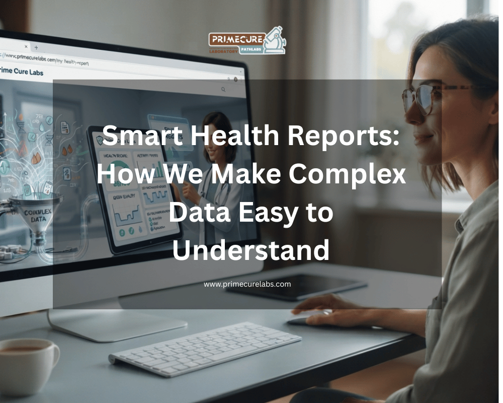 Person viewing a digital health report on a computer screen with medical charts and laboratory data, illustrating how smart health reports make complex medical information easy to understand.
