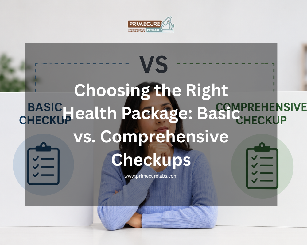 Comparison of Basic Checkup and Comprehensive Checkup health packages with a woman choosing between preventive health screening options at PrimeCure Pathlabs.