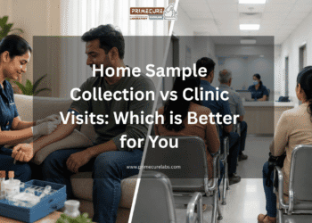 Split image comparing home sample blood collection by a healthcare professional with patients waiting at a diagnostic clinic, highlighting the choice between home sample collection and clinic visits for laboratory testing.