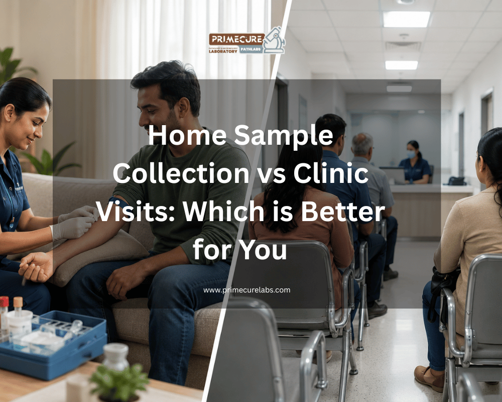 Split image comparing home sample blood collection by a healthcare professional with patients waiting at a diagnostic clinic, highlighting the choice between home sample collection and clinic visits for laboratory testing.