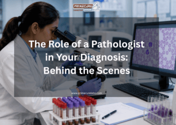 Pathologist examining laboratory samples under a microscope for accurate medical diagnosis and disease detection at a modern pathology laboratory.